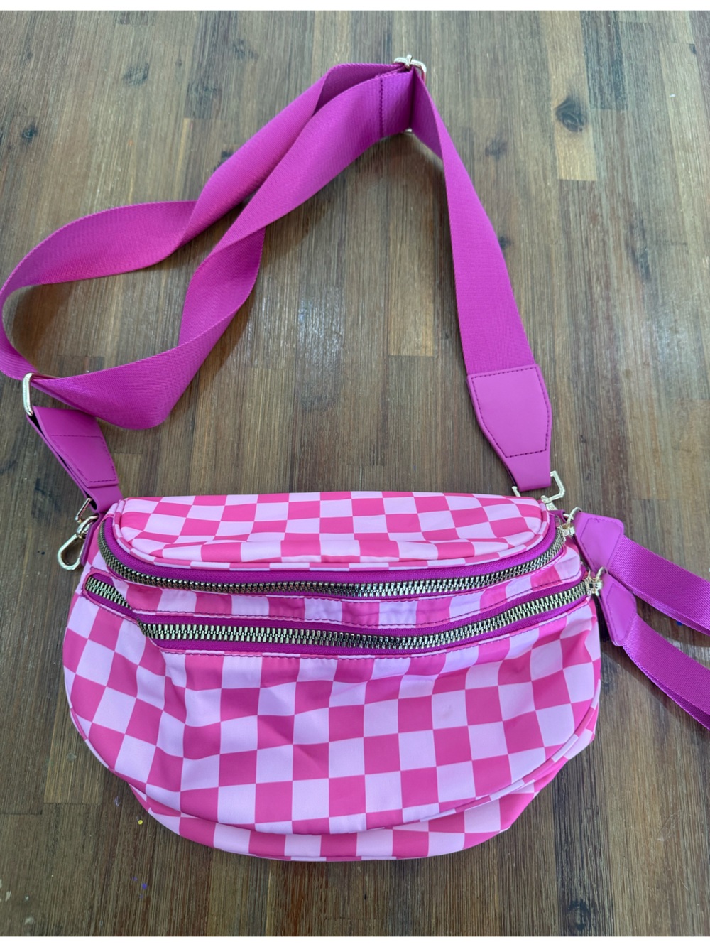 Oversized Pink Checkered Crossbody Bag - Women